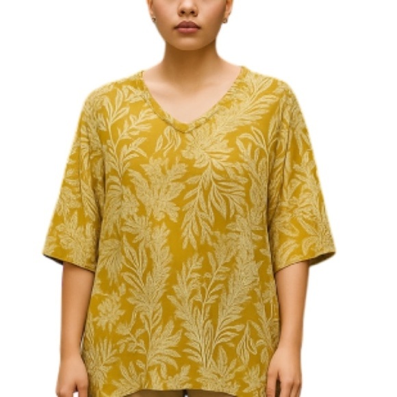 TAHARI Fern Print Asymmetrical Top Chartreuse V-Neck 3/4 Sleeve Shark Bite 1X - Picture 1 of 11